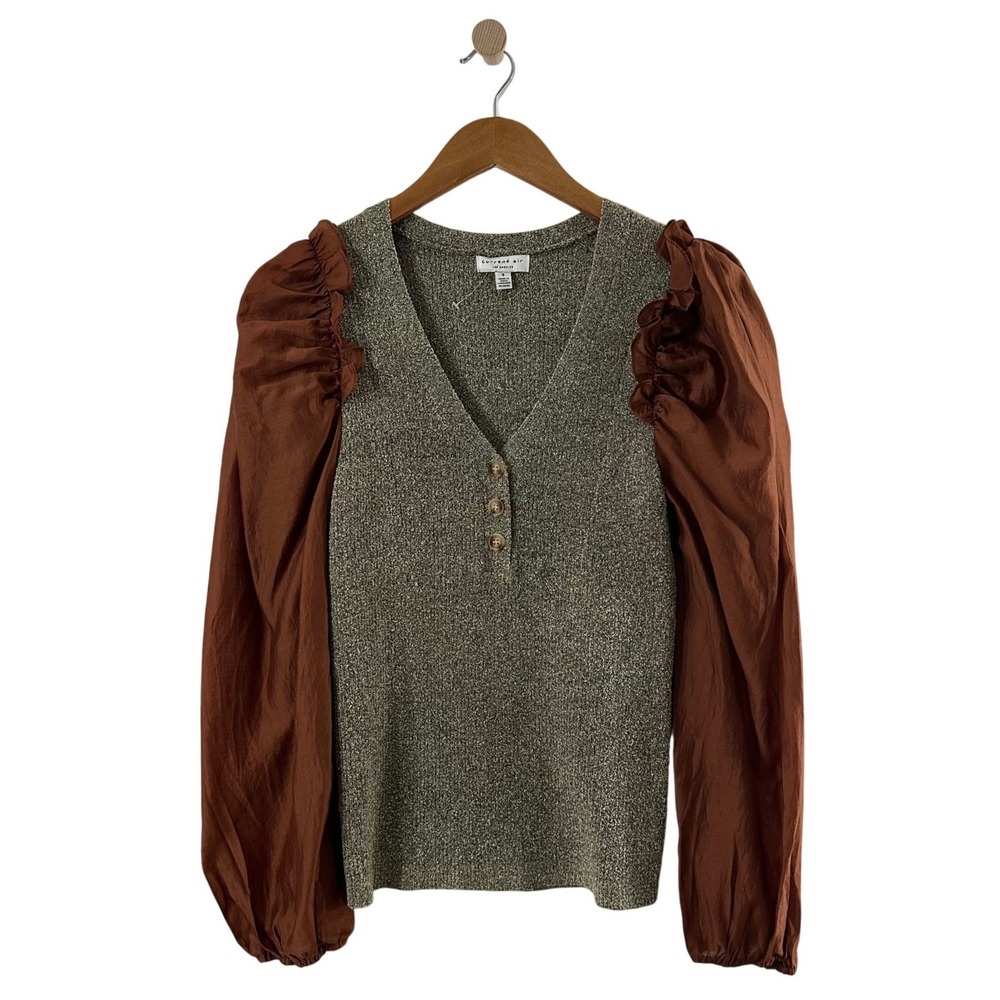 Current Air Los Angeles Mixed Media Puff Sleeve Knit Top Olive Rust Brown Size S